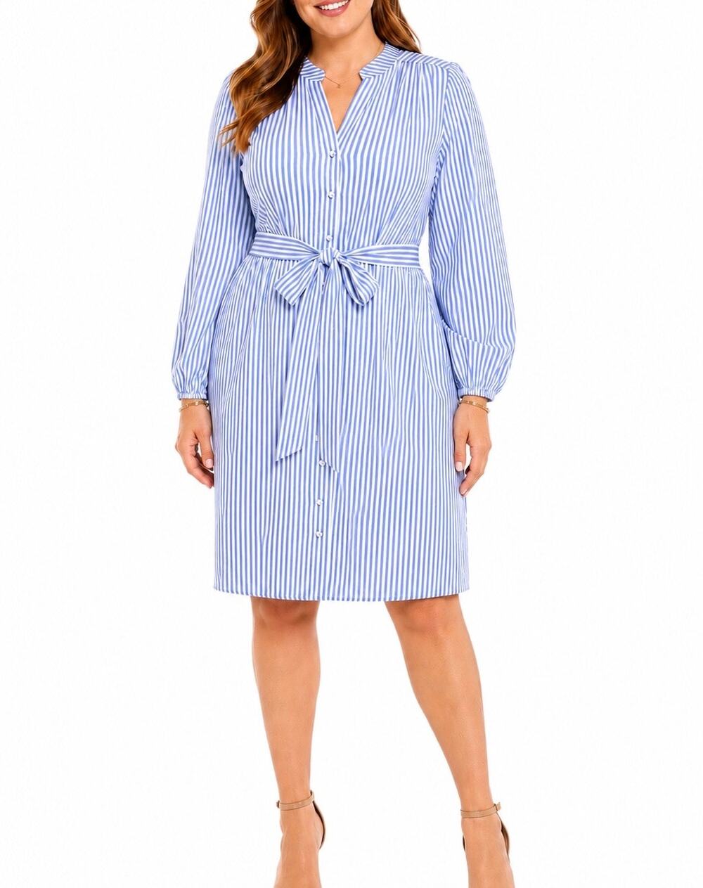 Taylor Blue & White Striped Button Front Tie Waist Shirt Dress Size 16